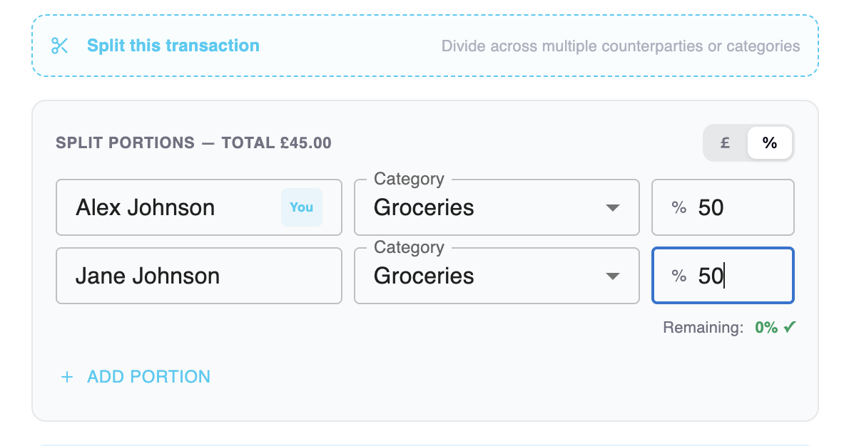 MyCashDash explain and split transaction interface showing a purchase being split between two parties with category and amount fields