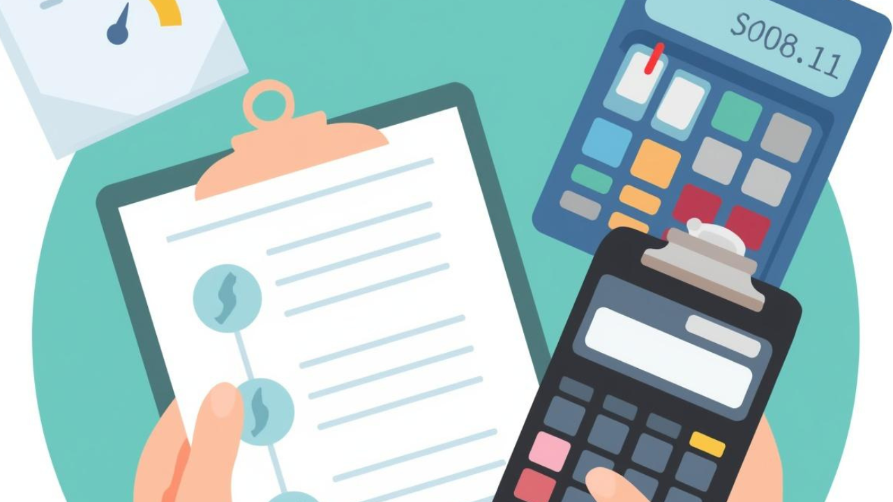 Illustration of a person reviewing a project budget with a clipboard and calculator