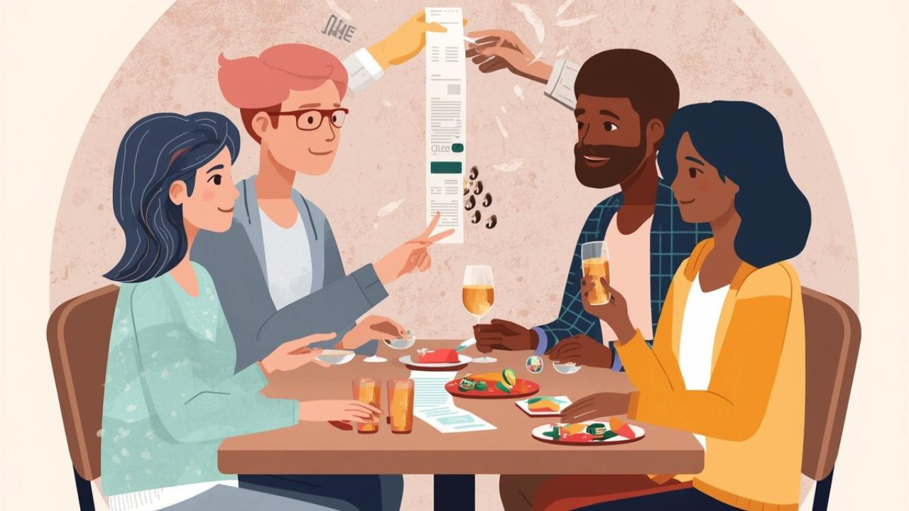Illustration of a group of friends at a table with a receipt being divided between them